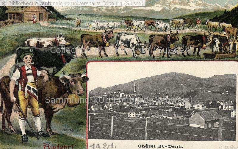 <strong>Se subdivise en deux images: une photographie de la ville en noir et blanc et une lithographie en couleur portant le titre "Alpfahrt" </strong>